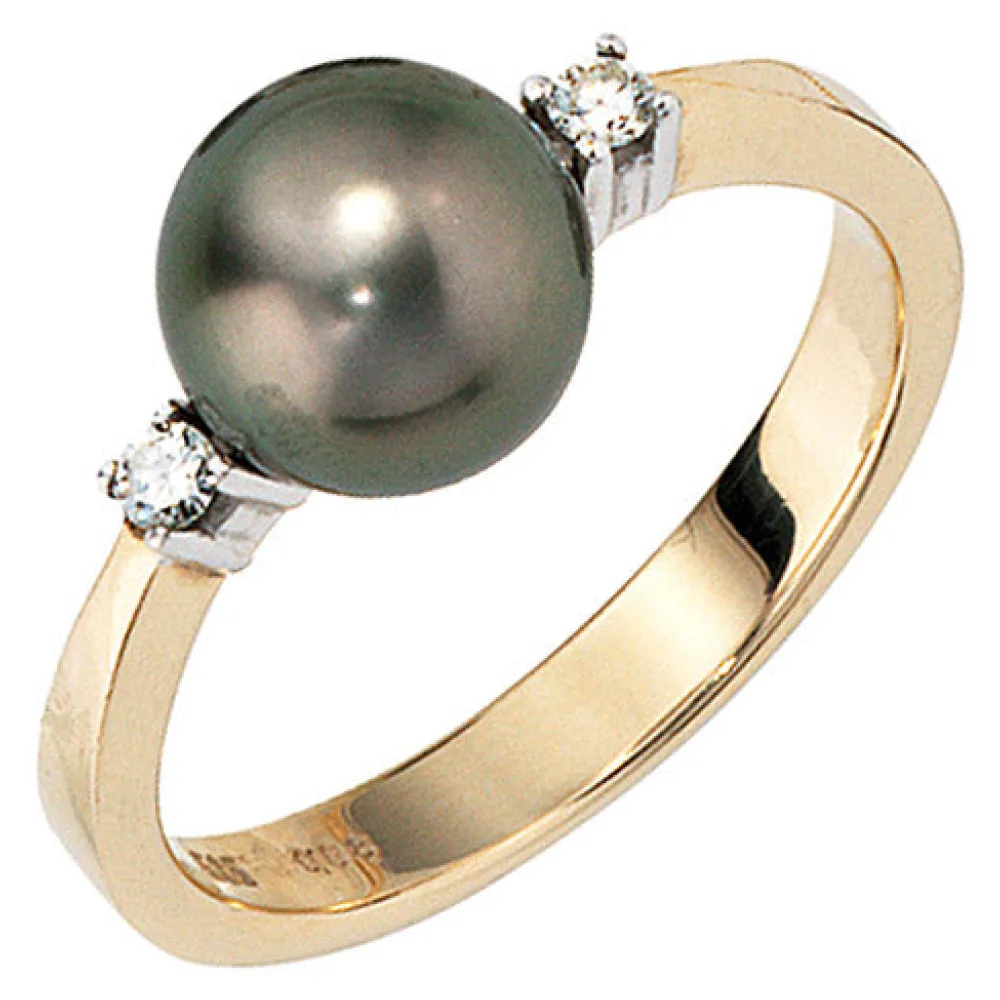 Damen Ring 585 Gold Gelbgold 2 Diamanten Brillanten 1 Tahiti Perle Perlenring-56