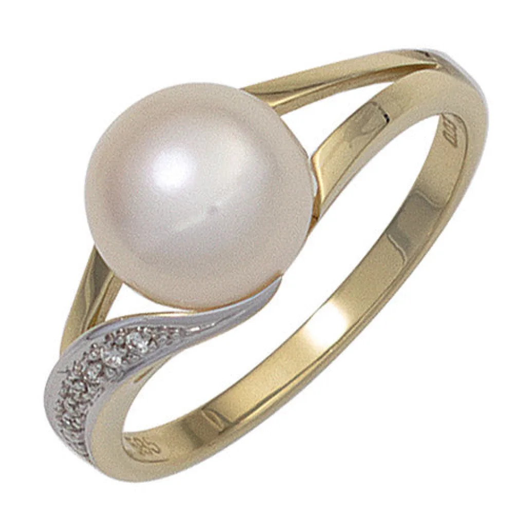 Damen Ring 585 Gold Gelbgold 1 Süßwasser Perle 6 Diamanten Brillanten Perlenring-58