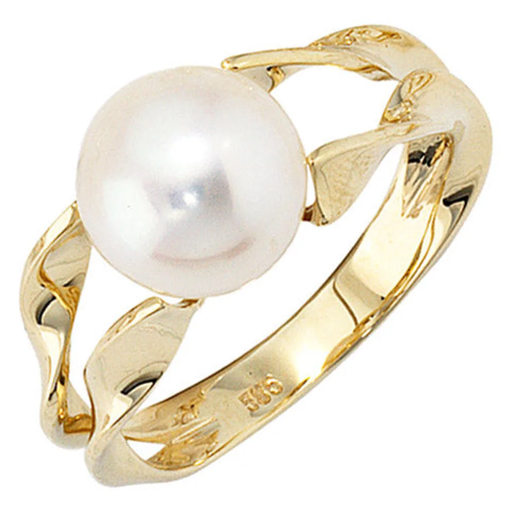 Damen Ring 585 Gold Gelbgold 1 Süßwasser Perle Goldring Perlenring-56