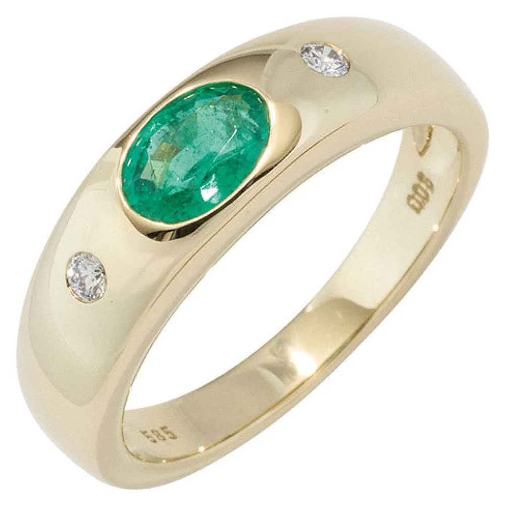 Damen Ring 585 Gold Gelbgold 1 Smaragd grün 2 Diamanten Brillanten Goldring-56