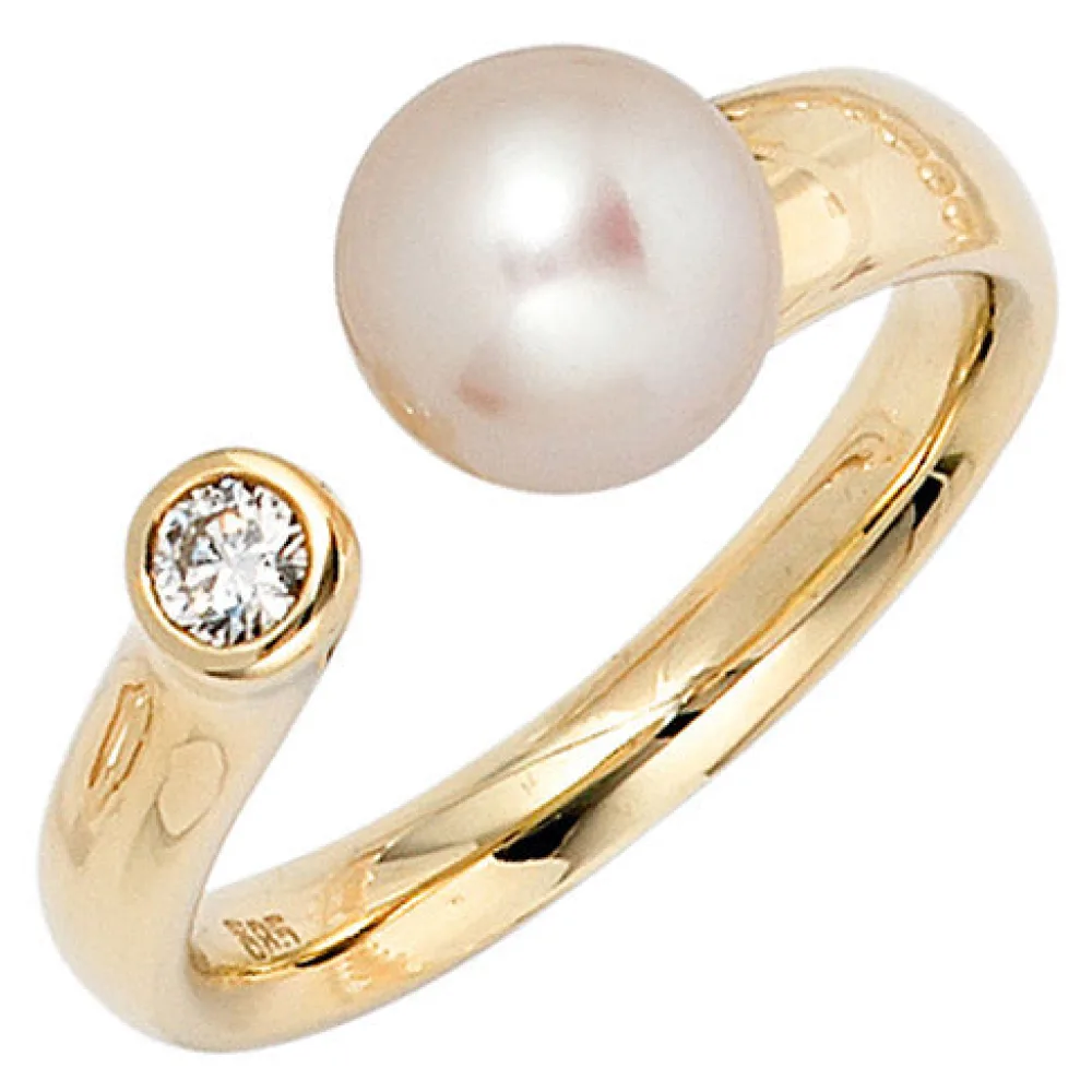 Damen Ring 585 Gold Gelbgold 1 Süßwasser Perle 1 Diamant Brillant Perlenring-50