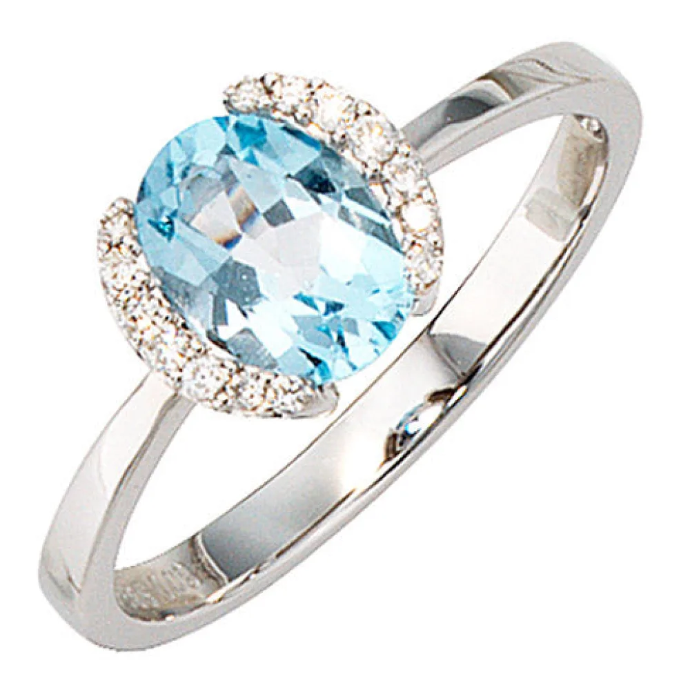 Damen Ring 585 Gold Weißgold 1 Blautopas hellblau blau 14 Diamanten Brillanten-60
