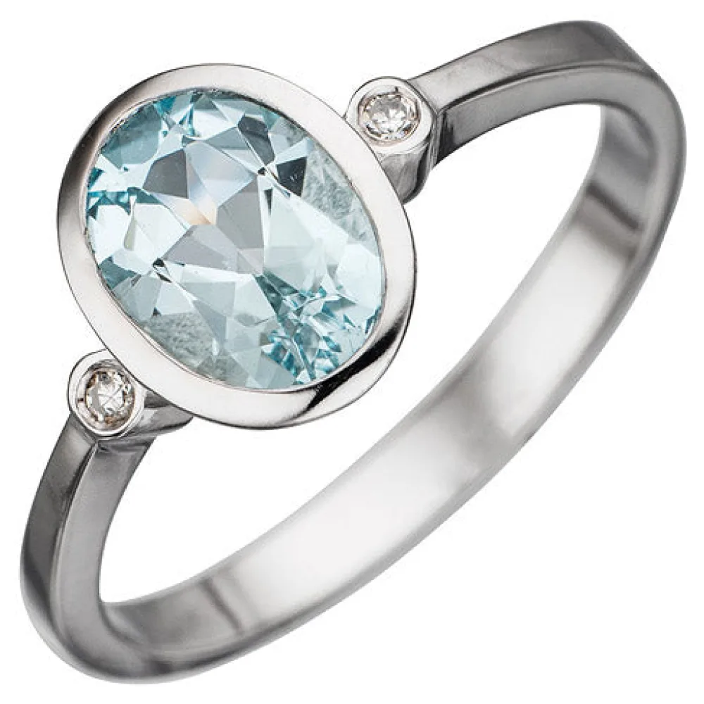 Damen Ring 585 Gold Weißgold 1 Aquamarin hellblau blau 2 Diamanten Goldring-50
