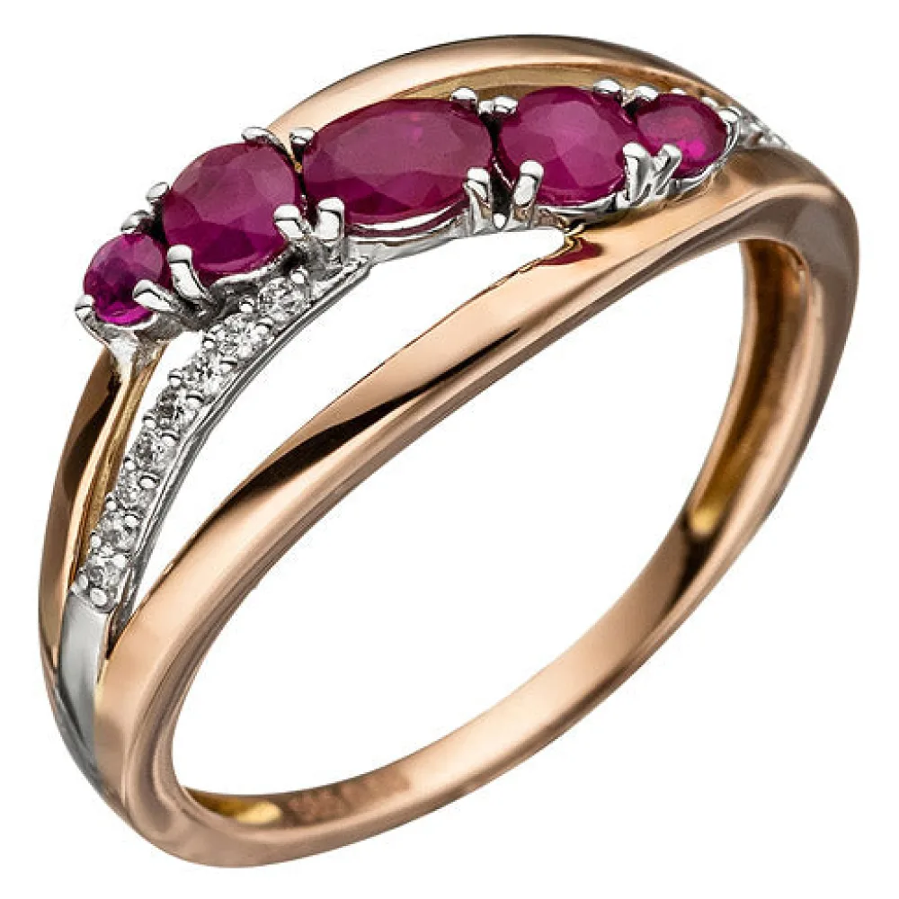 Damen Ring 585 Gold Rotgold 5 Rubine rot 16 Diamanten Brillanten Rubinring-52
