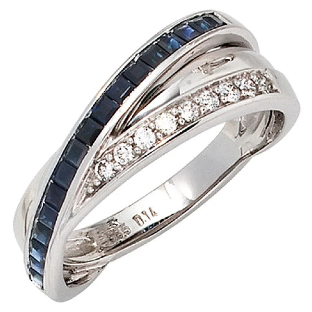 Damen Ring 585 Gold Weißgold 9 Diamanten Brillanten 0 14ct. 17 Safire blau-56