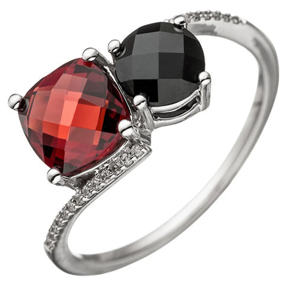 Damen Ring 585 Gold Weißgold 24 Diamanten Brillanten 1 Granat rot 1 Onyx-50