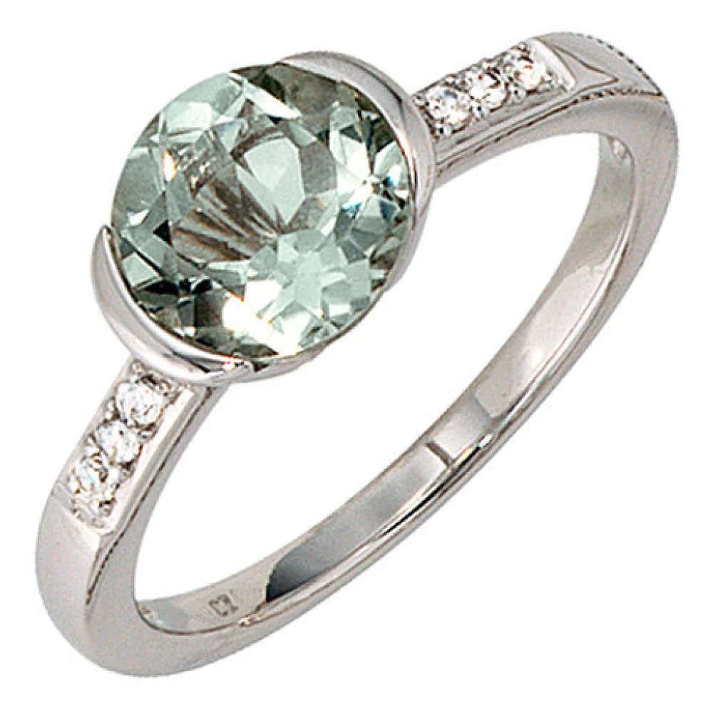 Damen Ring 585 Gold Weißgold 6 Diamanten Brillanten 1 Amethyst grün Goldring-54