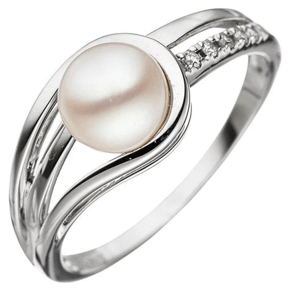Damen Ring 585 Gold Weißgold 1 Süßwasser Perle 5 Diamanten Brillanten Goldring-54