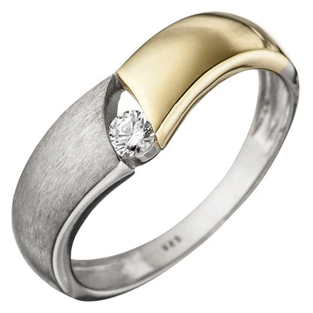 Damen Ring 925 Sterling Silber bicolor vergoldet matt 1 Zirkonia Silberring-52