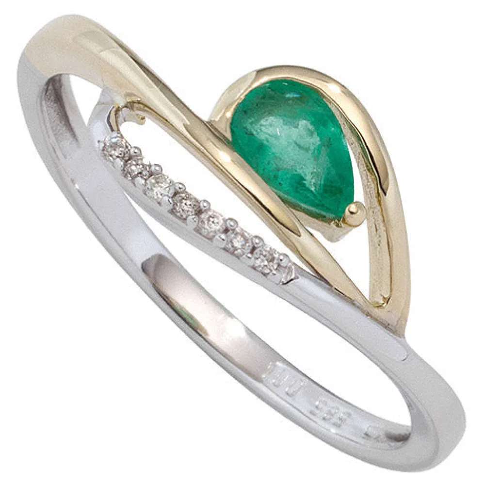 Damen Ring 585 Weißgold Gelbgold bicolor 1 Smaragd grün 7 Diamanten Brillanten-52