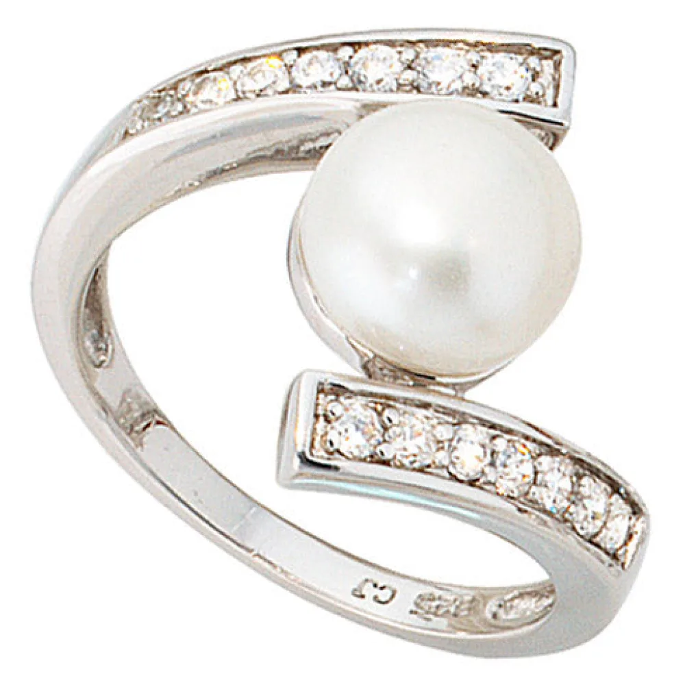 Damen Ring 925 Sterling Silber 1 Süßwasser Perle mit Zirkonia perlenring-56