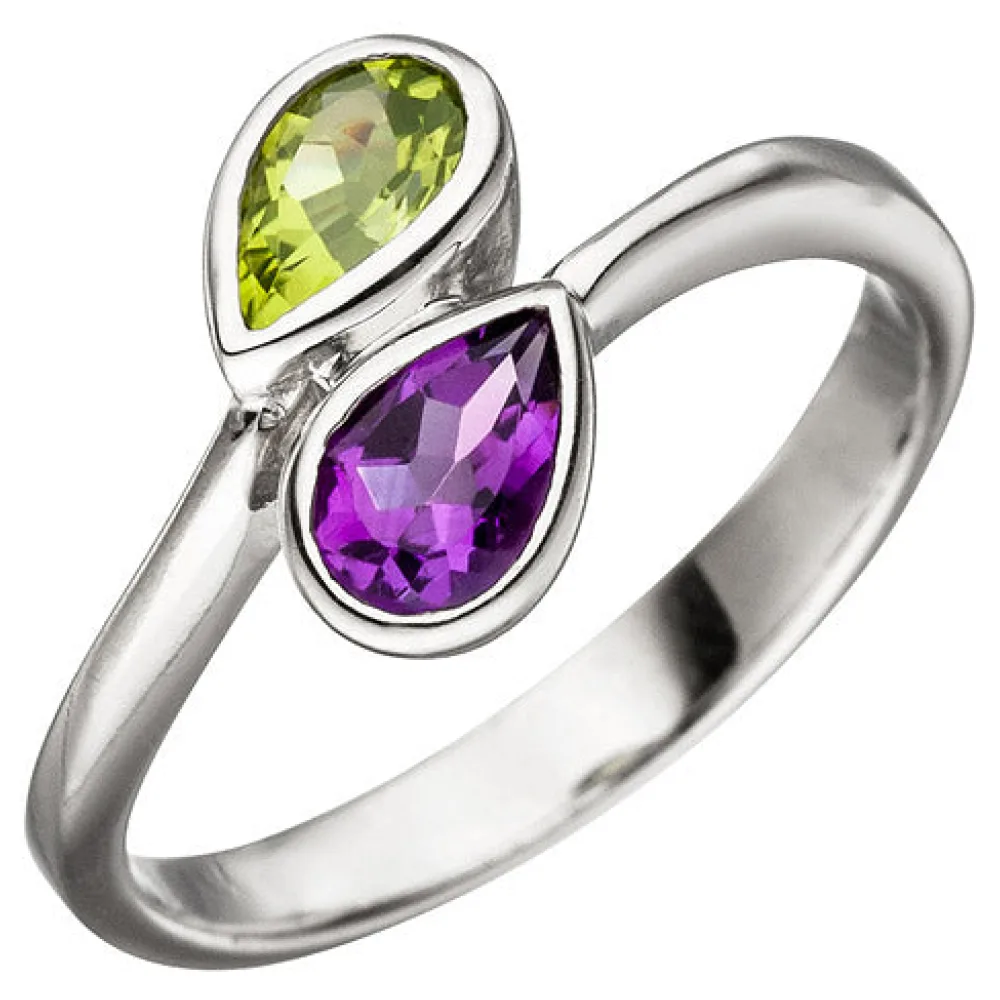 Damen Ring 925 Sterling Silber 1 Amethyst lila violett 1 Peridot grün Silberring-52