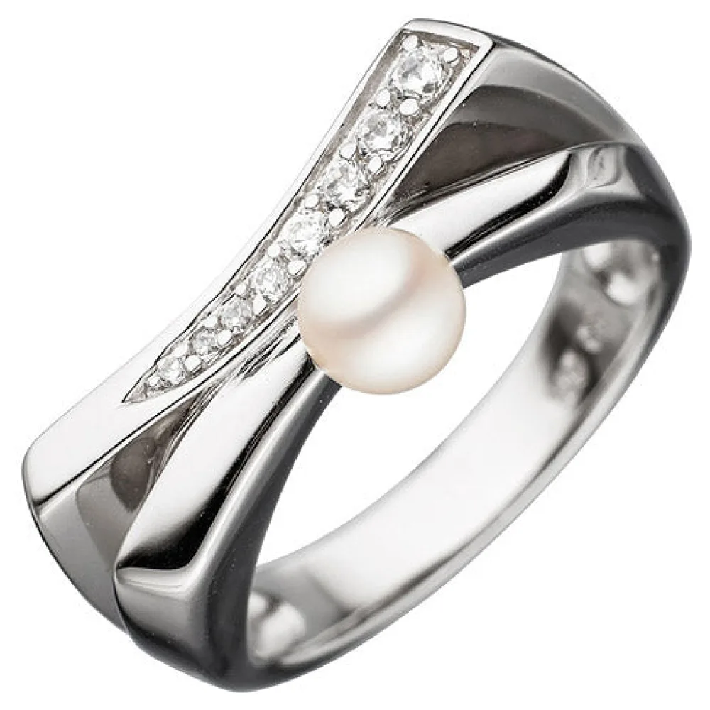 Damen Ring 925 Sterling Silber 1 Süßwasser Perle mit Zirkonia Perlenring-50