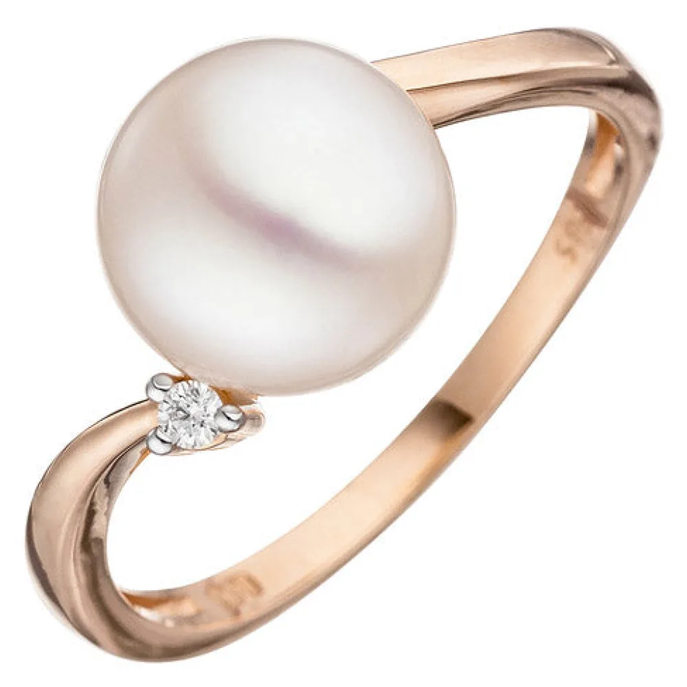 Damen Ring 585 Rotgold 1 Süßwasser Perle 1 Diamant Brillant Perlenring-58
