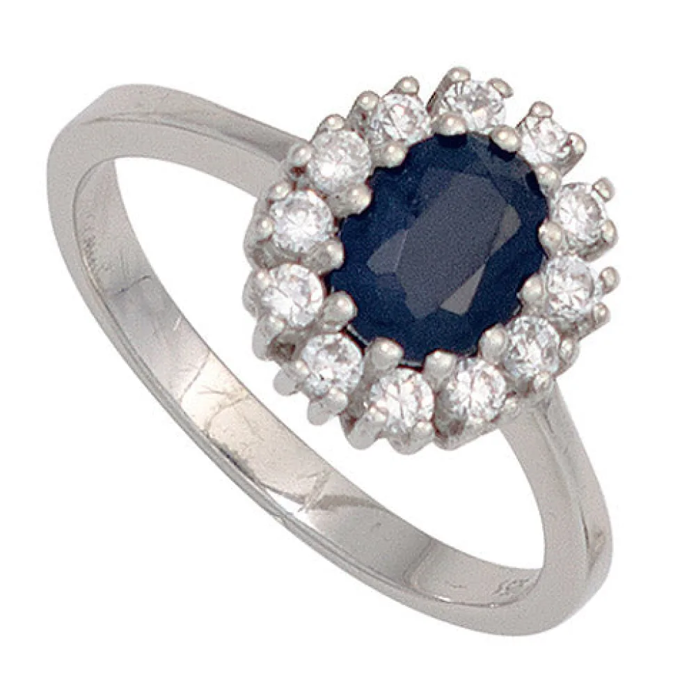 Damen Ring 925 Sterling Silber rhodiniert 1 Safir blau 12 Zirkonia Silberring-52