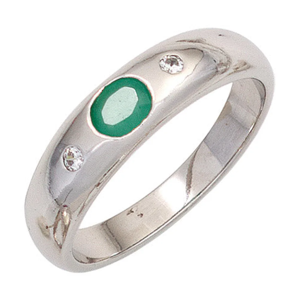 Damen Ring 925 Sterling Silber rhodiniert 1 Smaragd grün 2 Zirkonia Silberring-56