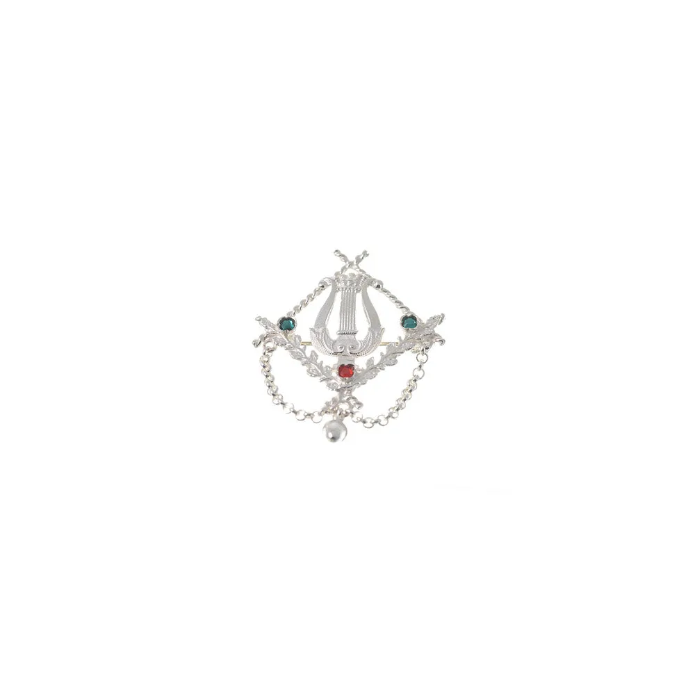 Brosche Tracht 925 Silber Lyra grün rot