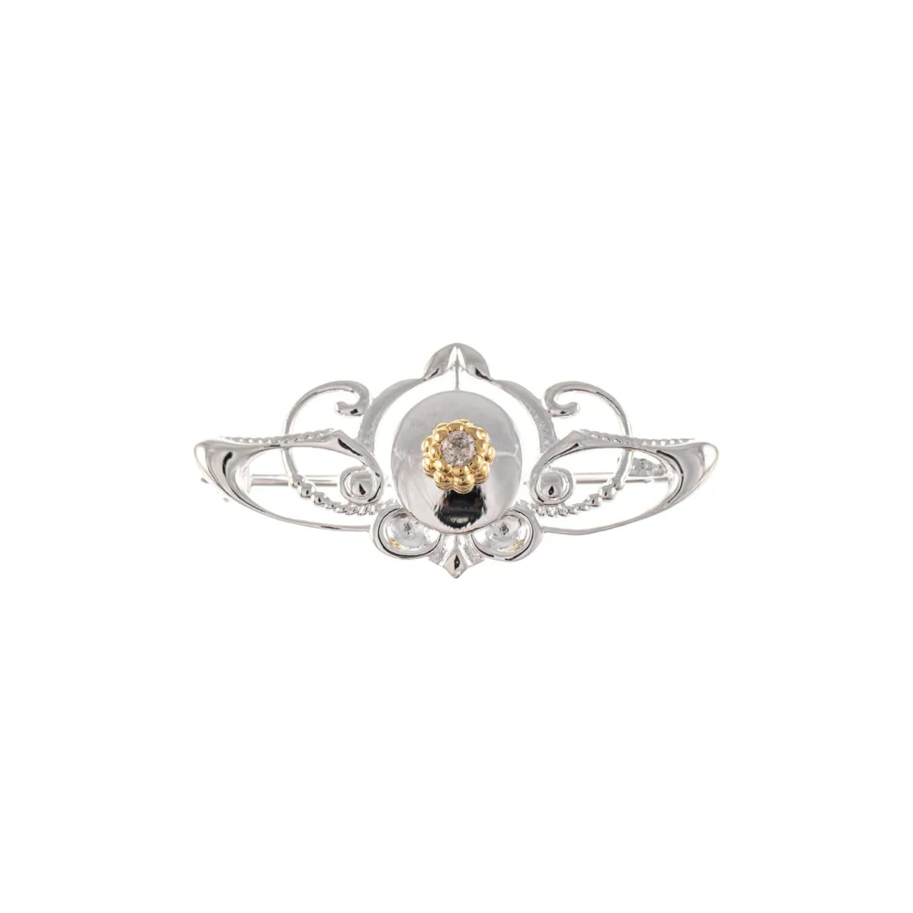 Brosche 925 Silber teilvergoldet Zirkonia weiss