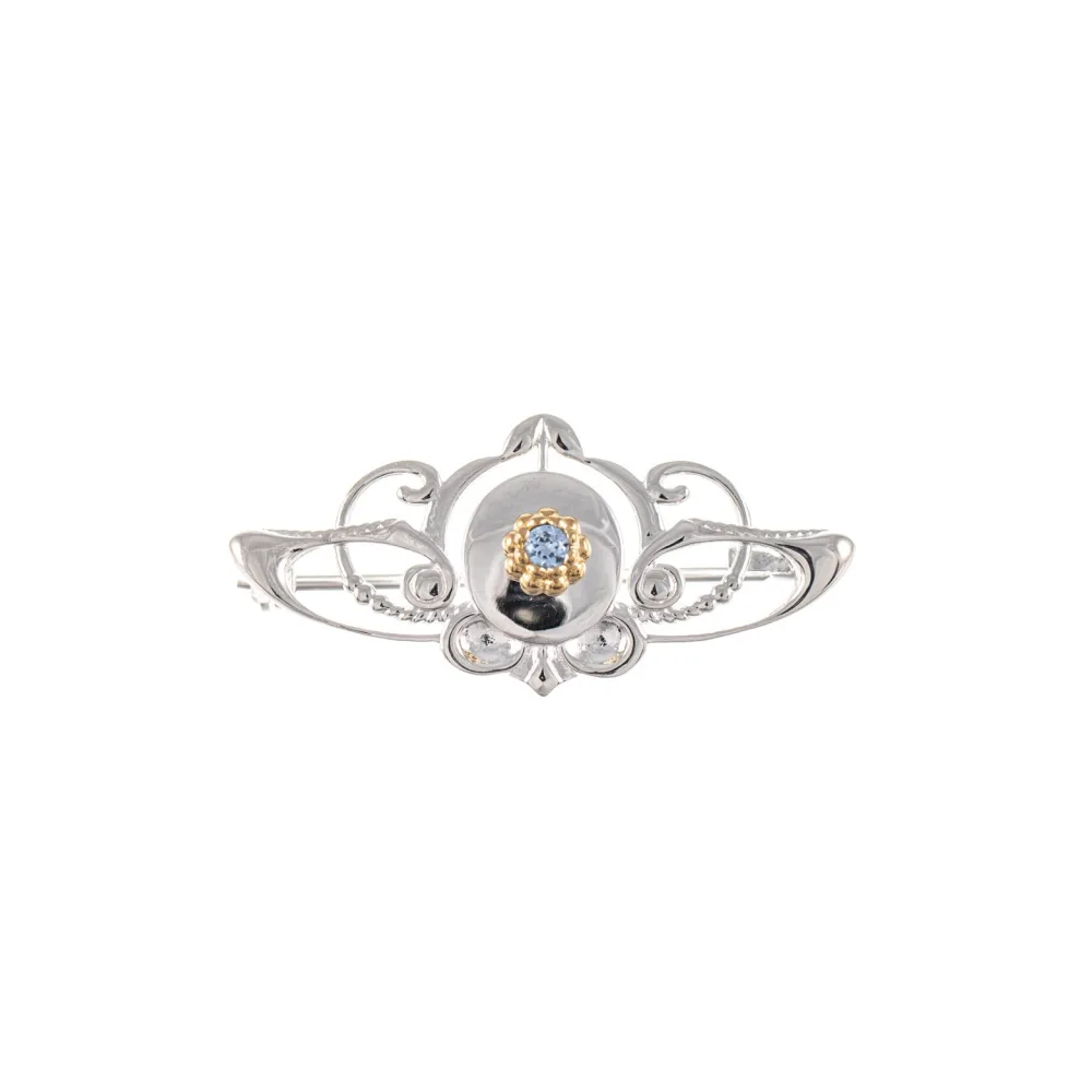 Brosche 925 Silber teilvergoldet Zirkonia hellblau