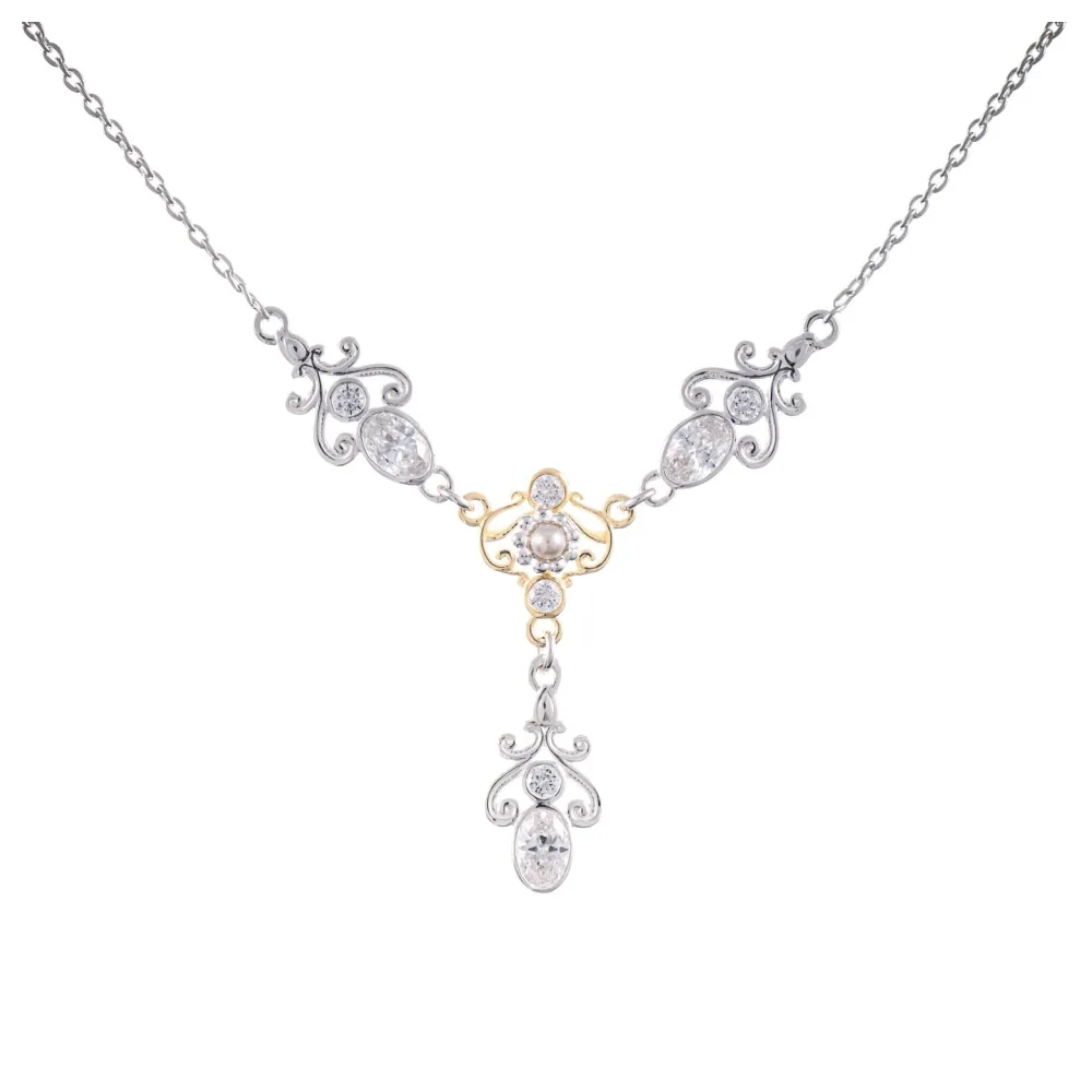 Collier 925 Silber teilvergoldet Zirkonia weiss Perle