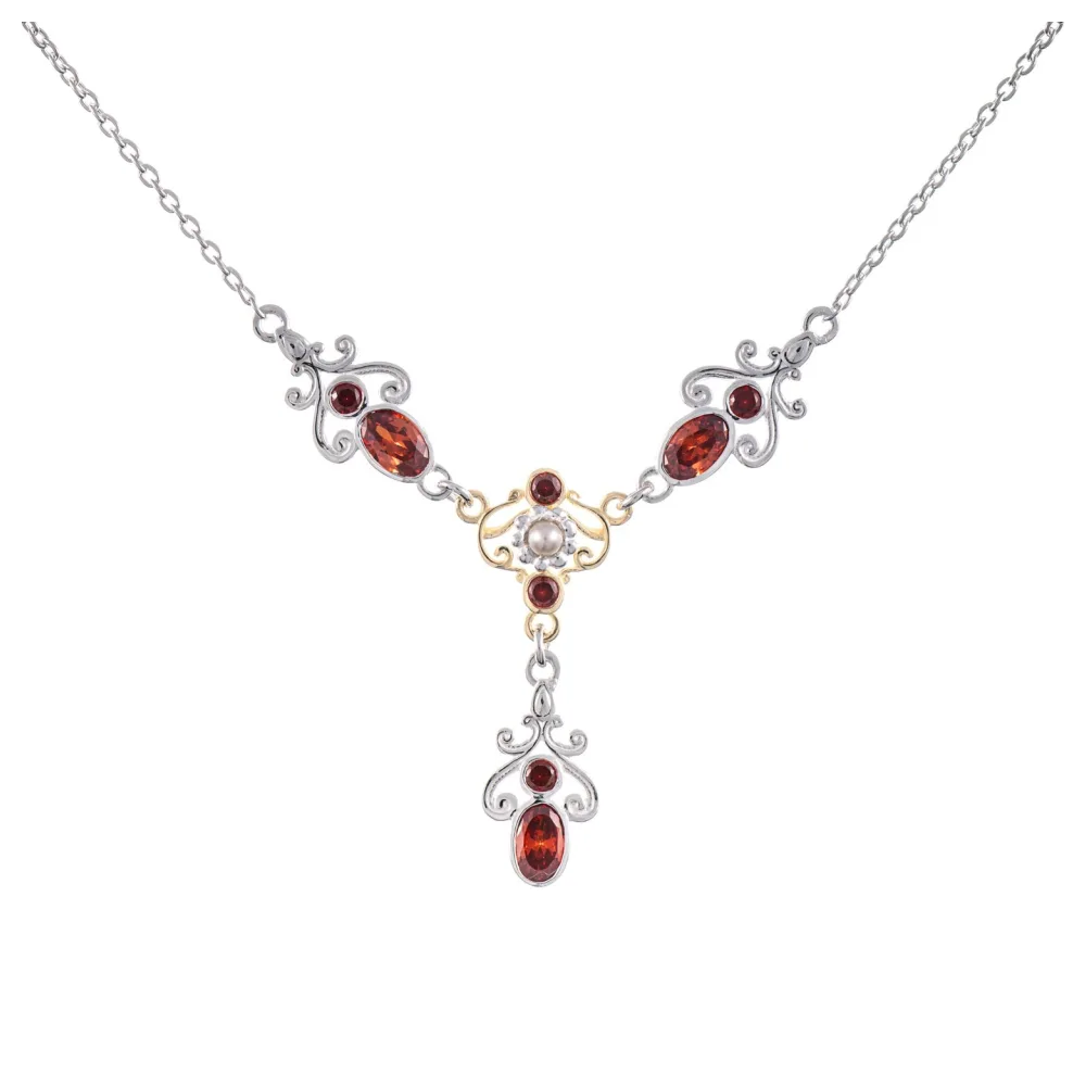 Collier 925 Silber teilvergoldet Zirkonia rot Perle