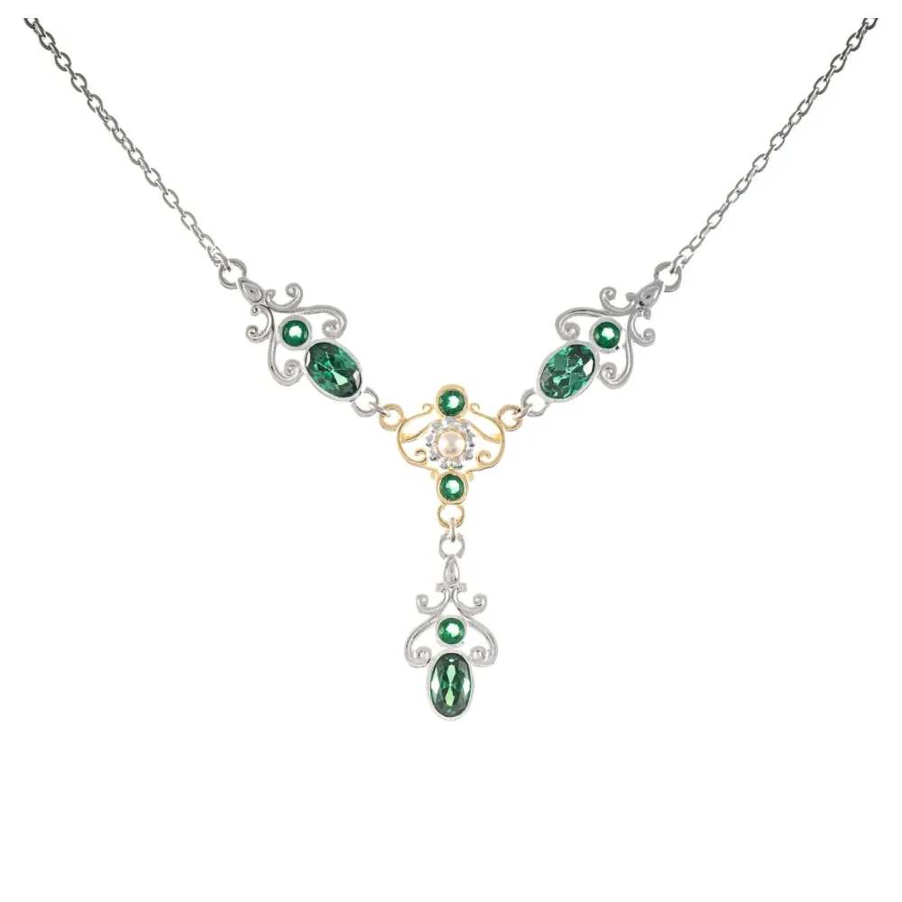 Collier 925 Silber teilvergoldet Zirkonia grün Perle