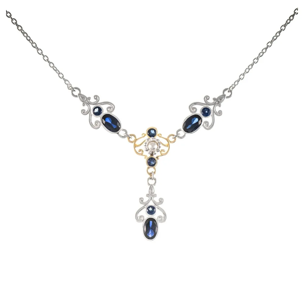 Collier 925 Silber teilvergoldet Zirkonia blau Perle