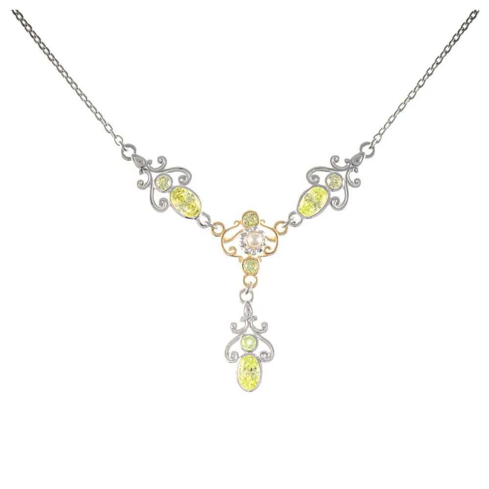 Collier 925 Silber teilvergoldet Zirkonia hellgrün Perle