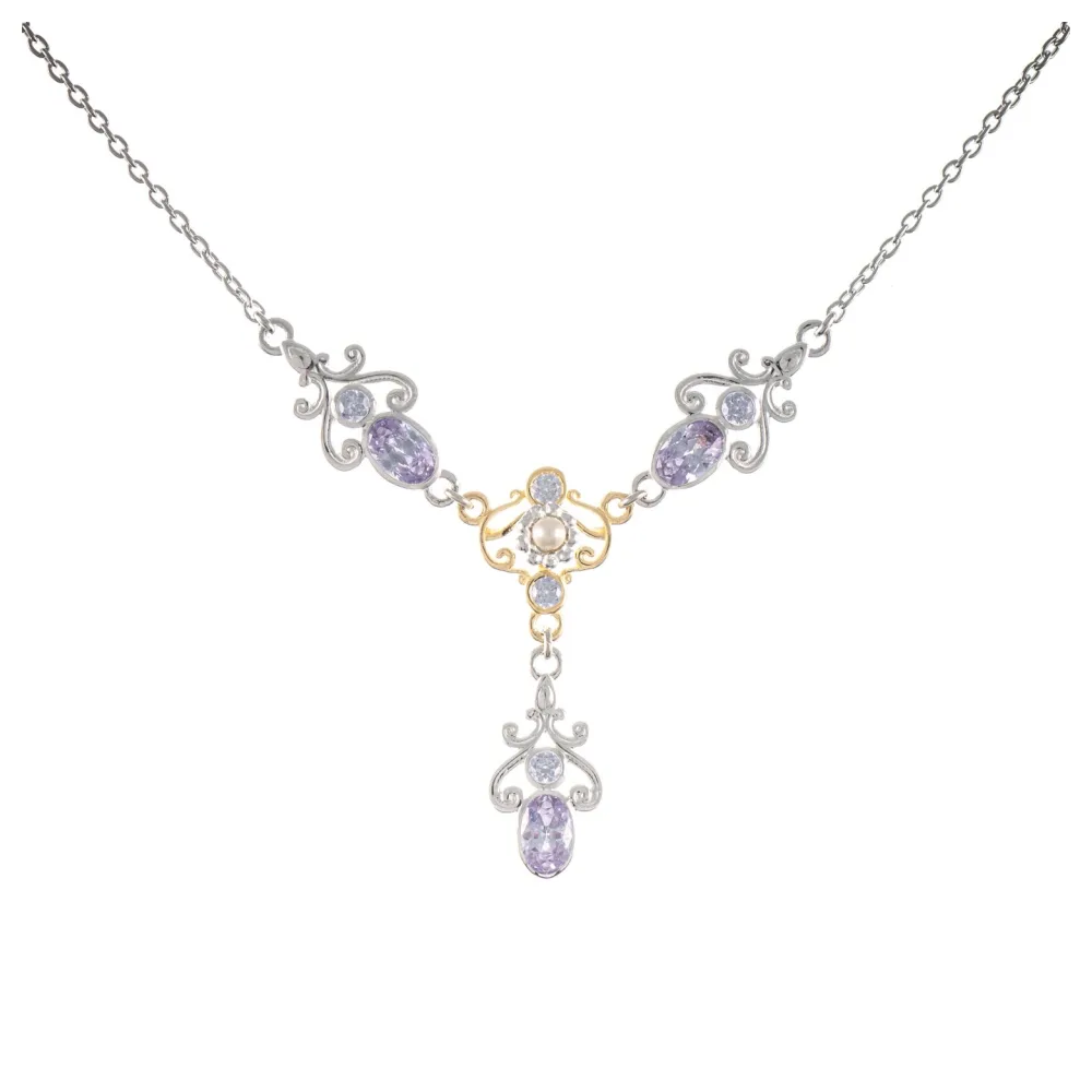 Collier 925 Silber teilvergoldet Zirkonia flieder Perle
