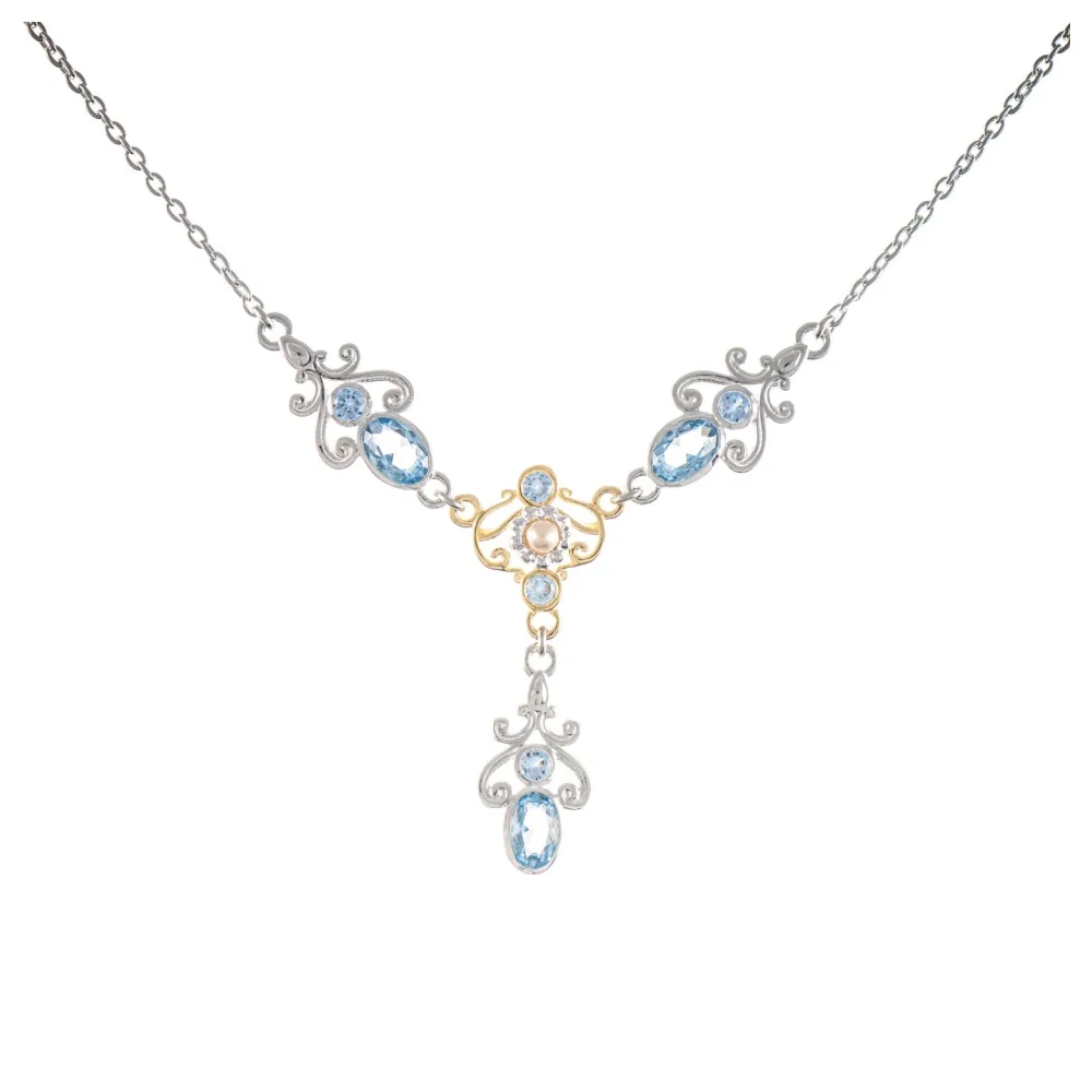 Collier 925 Silber teilvergoldet Zirkonia hellblau Perle