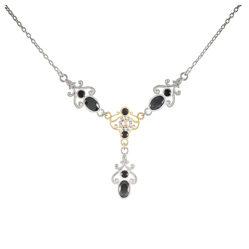 Collier 925 Silber teilvergoldet Zirkonia schwarz Perle
