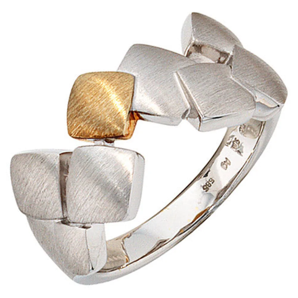 Damen Ring 925 Sterling Silber mit 585 Gold kombiniert rhodiniert mattiert-54