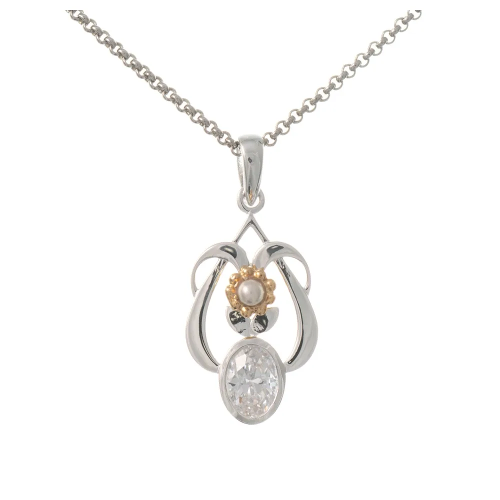 Anhänger mit Kette 925 Silber teilvergoldet Zirkonia weiss Perle