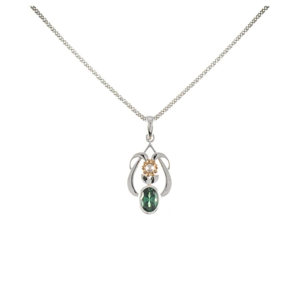 Anhänger mit Kette 925 Silber teilvergoldet Zirkonia grün Perle