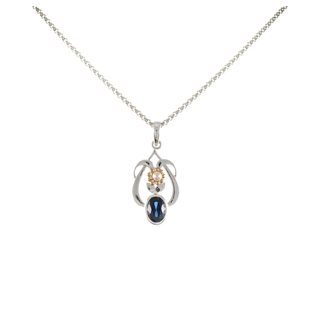 Anhänger mit Kette 925 Silber teilvergoldet Zirkonia blau Perle