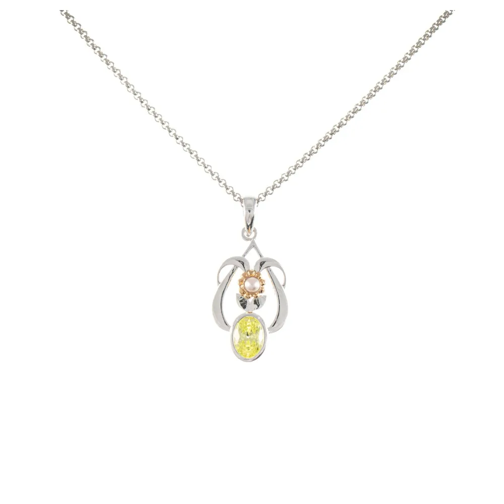 Anhänger mit Kette 925 Silber teilvergoldet Zirkonia hellgrün Perle