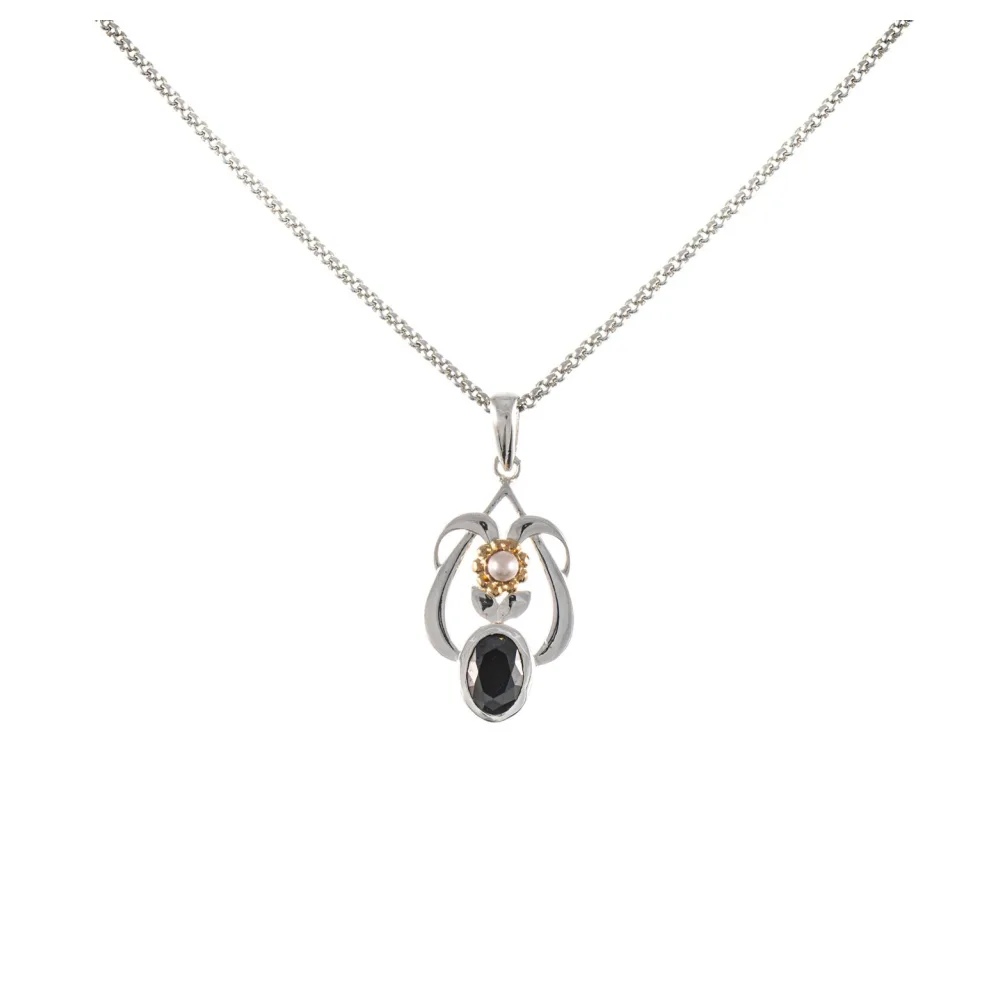 Anhänger mit Kette 925 Silber teilvergoldet Zirkonia schwarz Perle