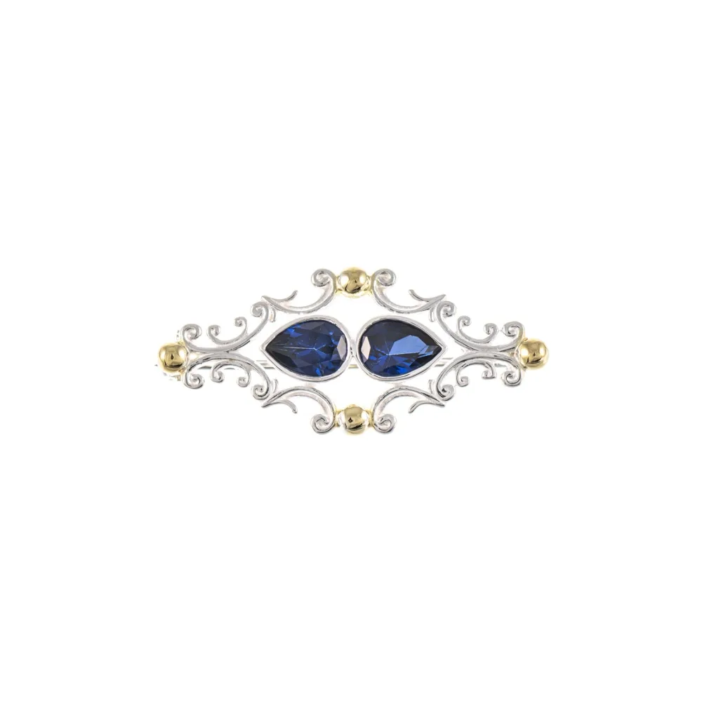 Brosche 925 Silber teilvergoldet Zirkonia blau