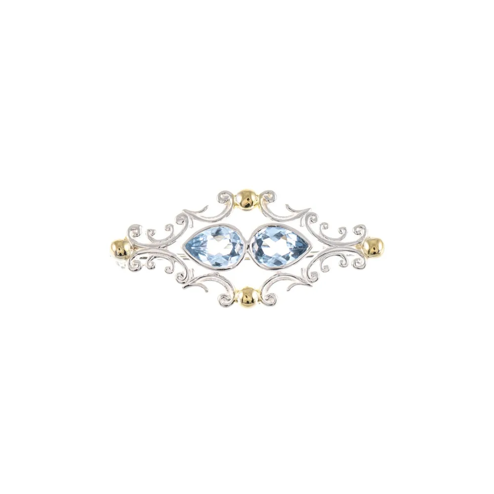 Brosche 925 Silber teilvergoldet Zirkonia hellblau