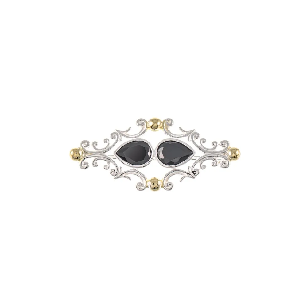 Brosche 925 Silber teilvergoldet Zirkonia schwarz