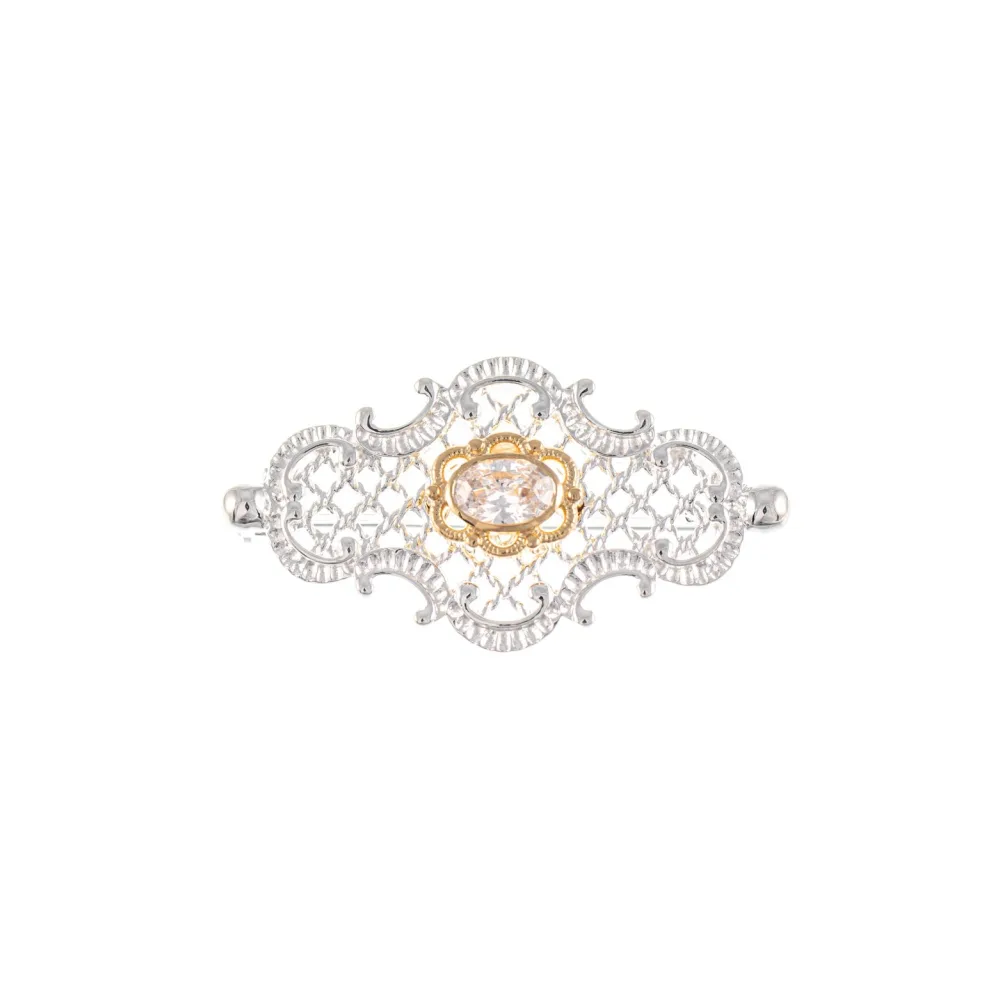 Brosche 925 Silber teilvergoldet Zirkonia weiss