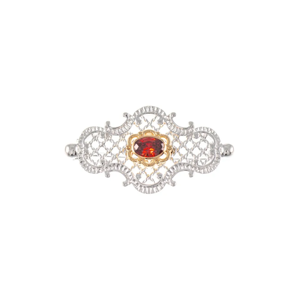 Brosche 925 Silber teilvergoldet Zirkonia rot