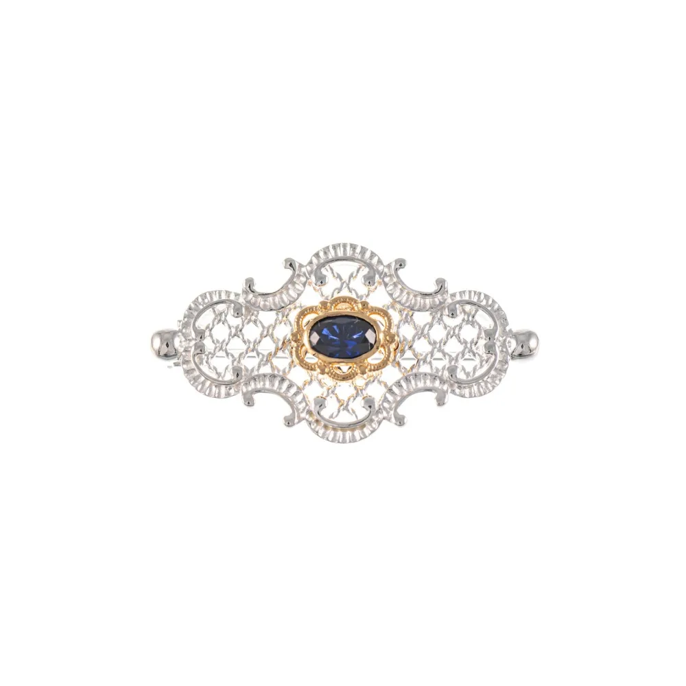 Brosche 925 Silber teilvergoldet Zirkonia blau