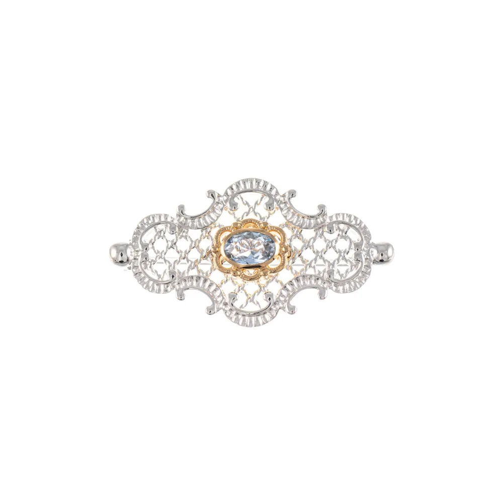 Brosche 925 Silber teilvergoldet Zirkonia hellblau