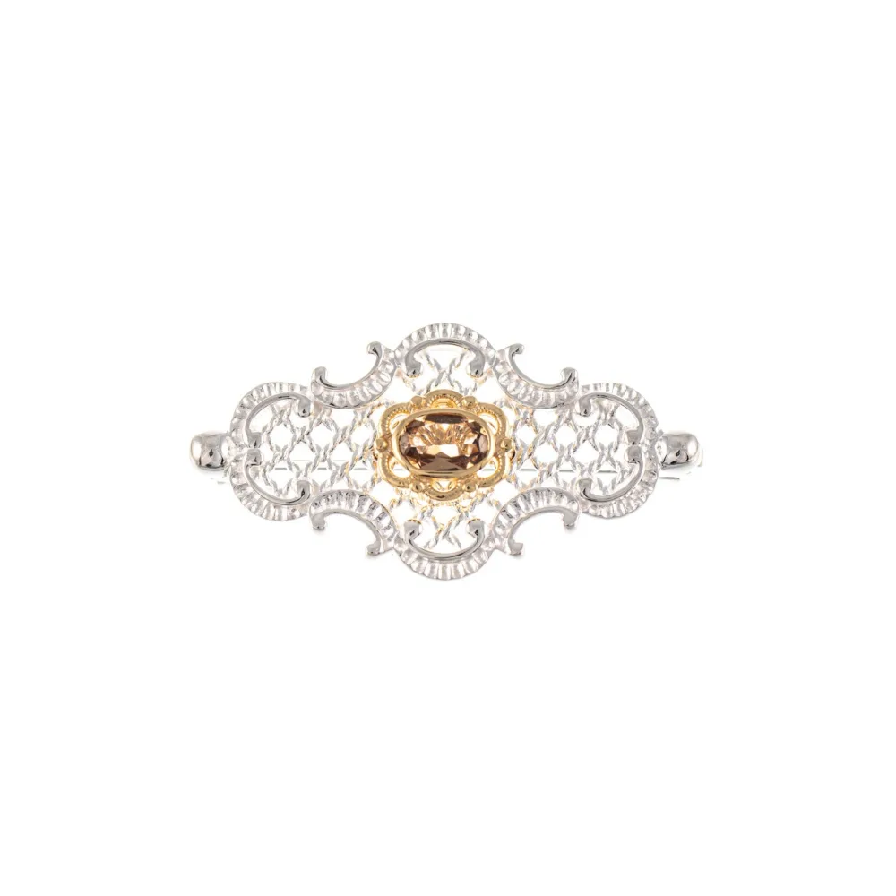 Brosche 925 Silber teilvergoldet Zirkonia cognac