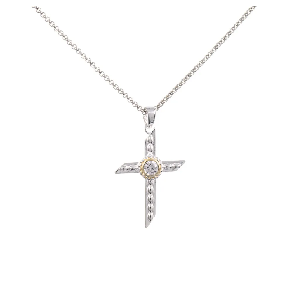 Anhänger Kreuz mit Kette 925 Silber teilvergoldet Zirkonia weiss
