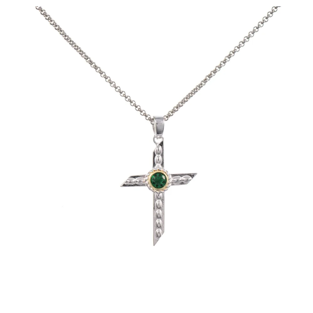 Anhänger Kreuz mit Kette 925 Silber teilvergoldet Zirkonia grün