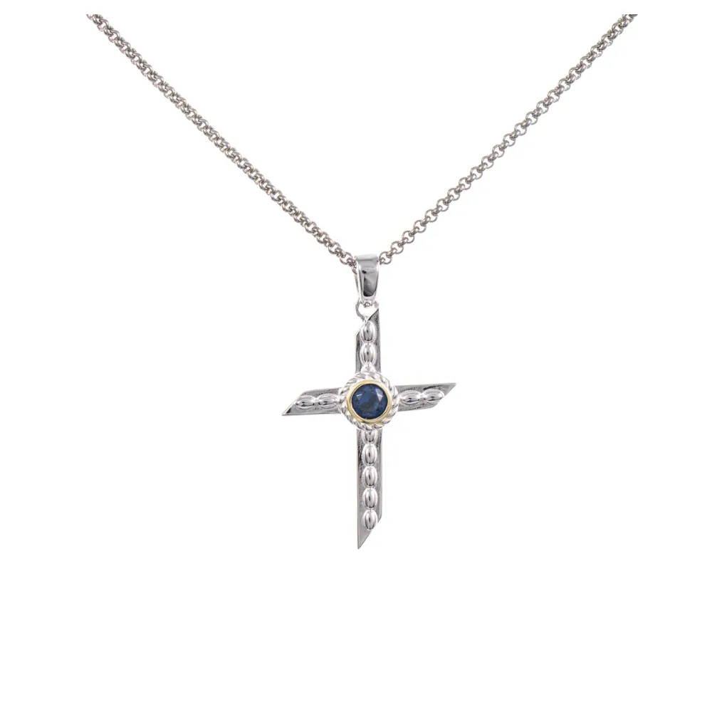 Anhänger Kreuz mit Kette 925 Silber teilvergoldet Zirkonia blau