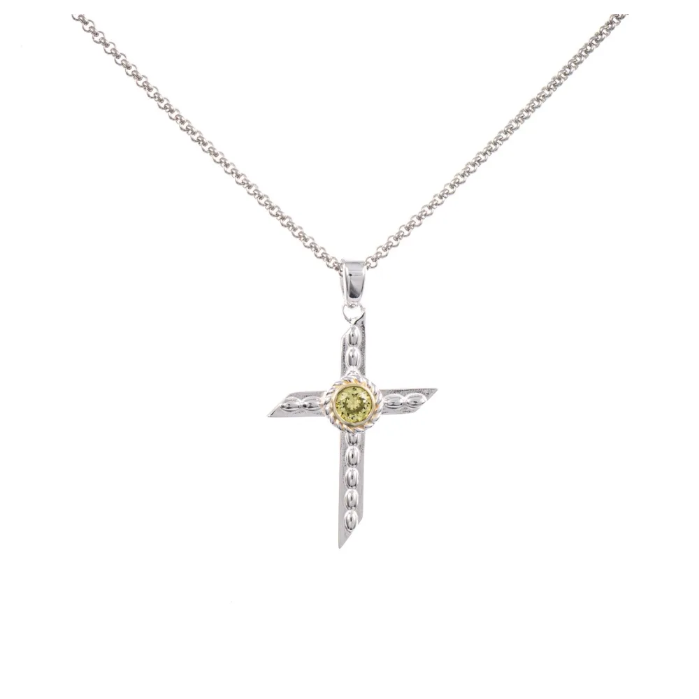 Anhänger Kreuz mit Kette 925 Silber teilvergoldet Zirkonia hellgrün