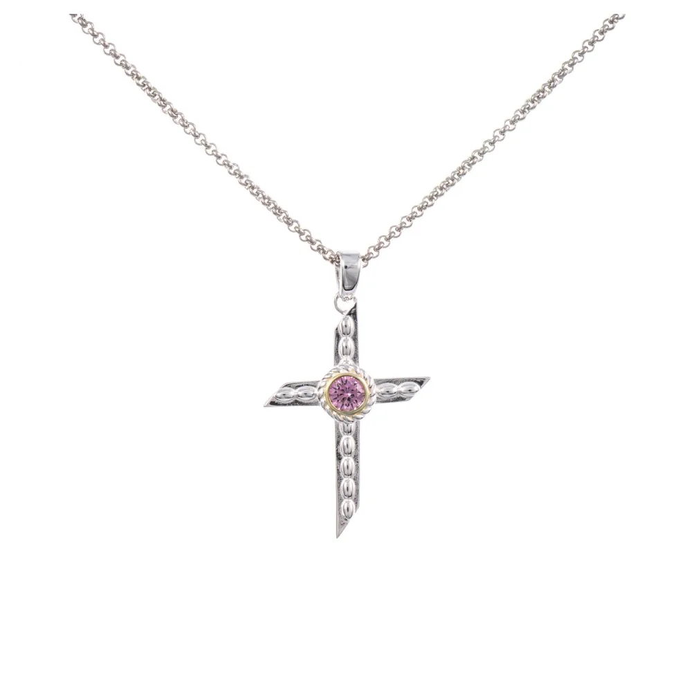 Anhänger Kreuz mit Kette 925 Silber teilvergoldet Zirkonia rosa